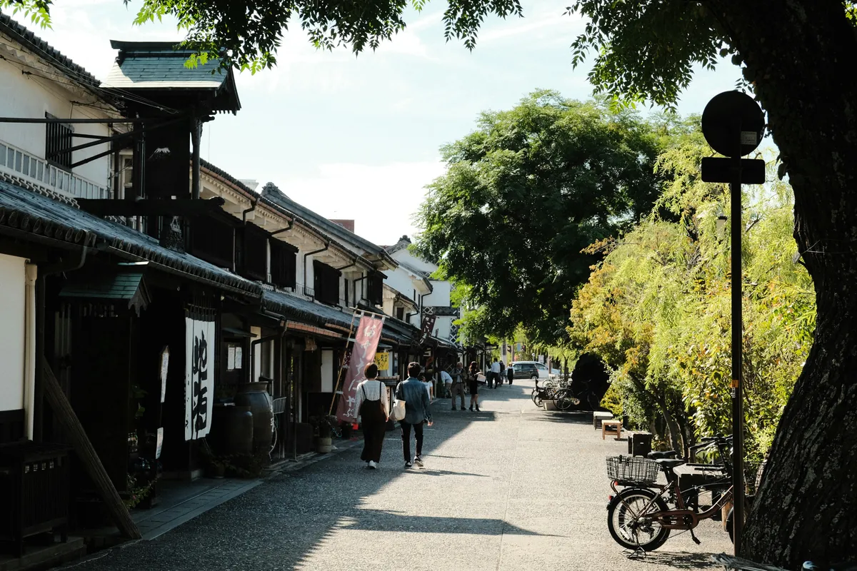 Straat met witte pakhuizen uit de Edo-periode met voetgangers en een wilg, in de Bikan-wijk van Kurashiki