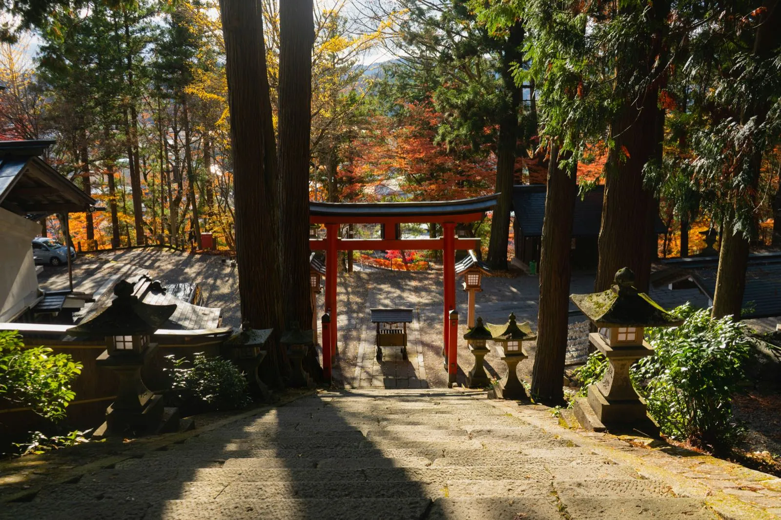 Rode torii en stenen trap van een heiligdom in Takayama tussen herfstesdoorns